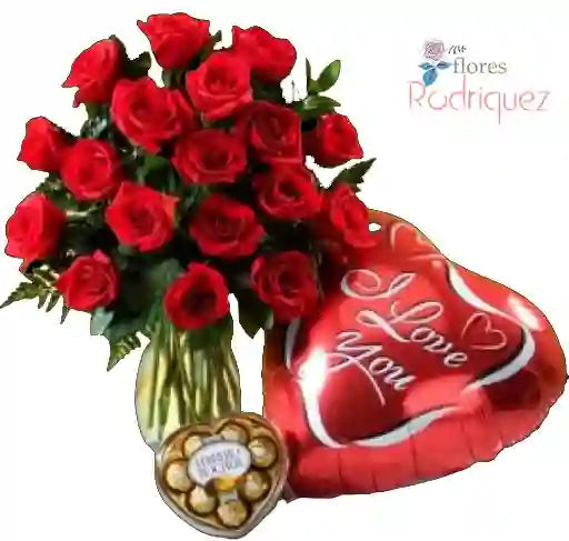 Arreglo Floral con Rosas Chocolates y Globo de Regalo para Cumpleaños