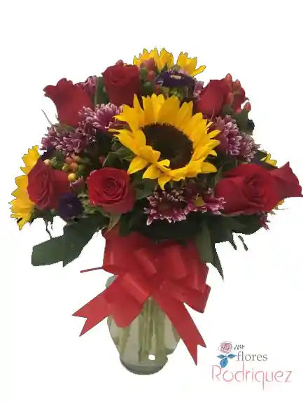 Rosas Rojas Con Girasoles En Jarron Bogota