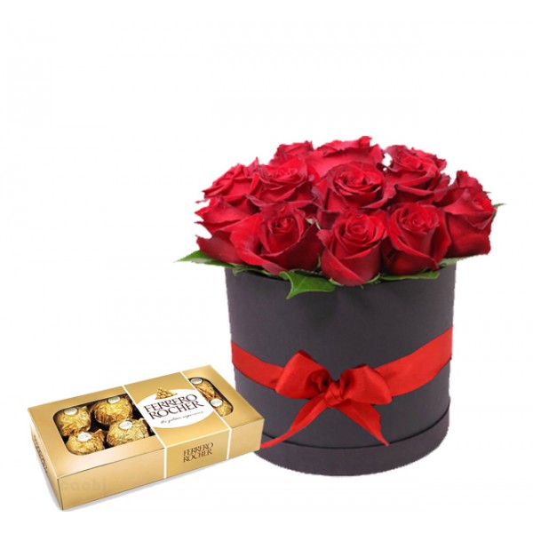 Caja Redonda con 24 Rosas y 8 Ferrero Rocher - El Regalo Perfecto para Enamorar