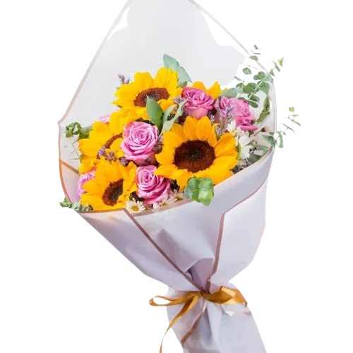 Espectacular Bouquet de Girasoles con Rosas rosadas y Decoración