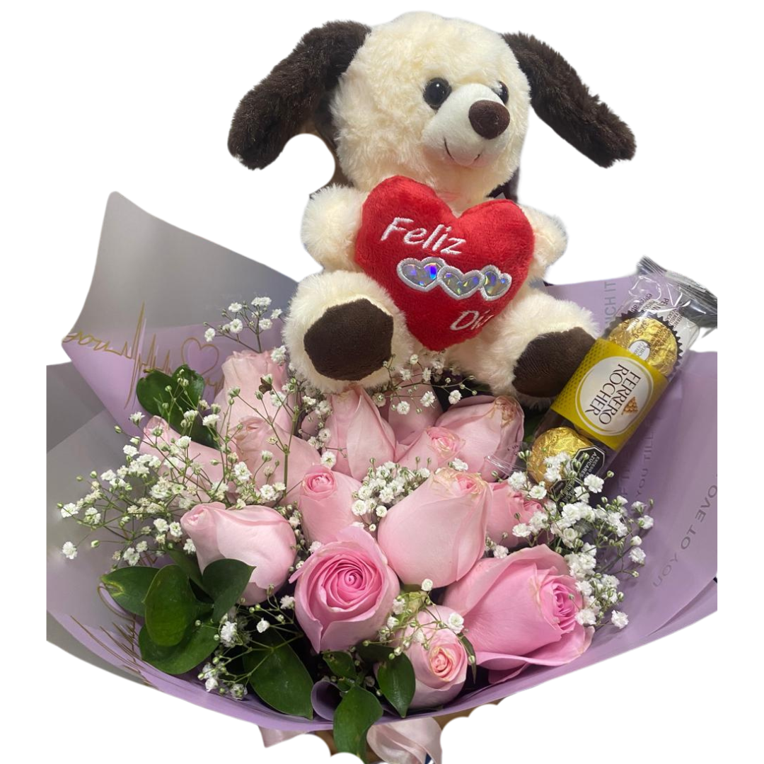 Ramo San valentin Combo Rosas Rosadas Ferrero Rocher x3 y Peluche