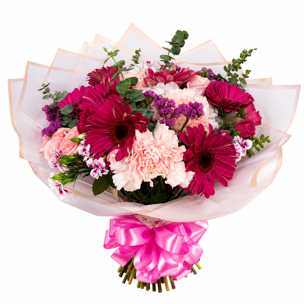 Ramo de Gerberas y Claveles Tono Pastel y Fucsia