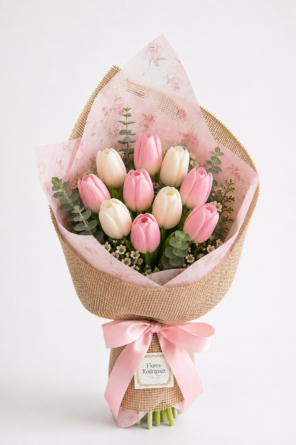 Bouquet de Tulipanes Rosados y Blancos de Envoltura Yute - Luz de Primavera