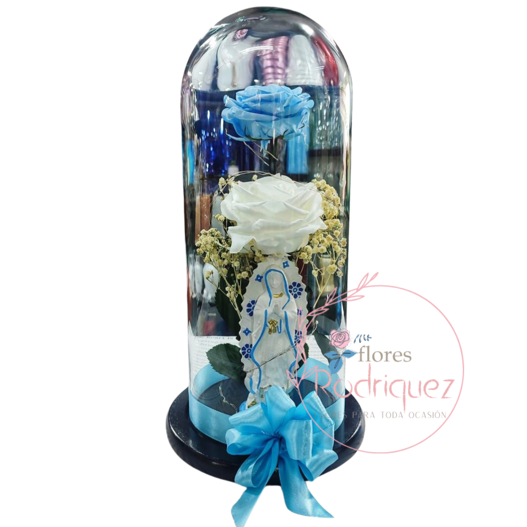 Dos Rosas Eternas Inmortalizada con Figura de Virgen en Tono Azul y Blanco