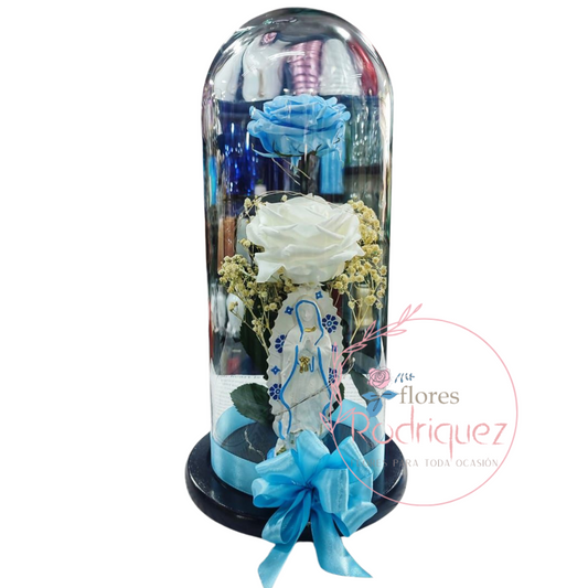 Dos Rosas Eternas Inmortalizada con Figura de Virgen en Tono Azul y Blanco