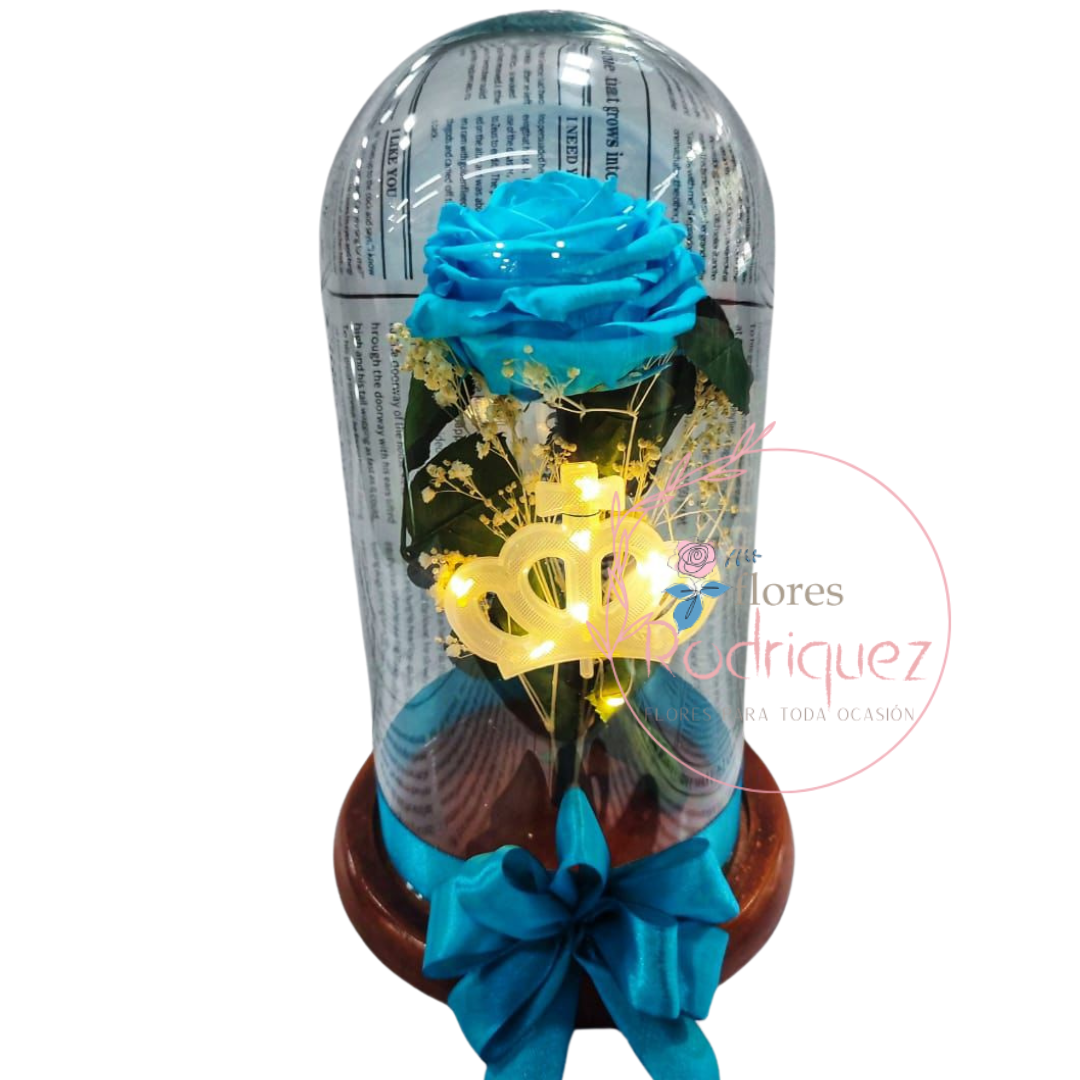 Rosa Eterna Azul con Corona de Princesa con Luz con Decoración y Moño