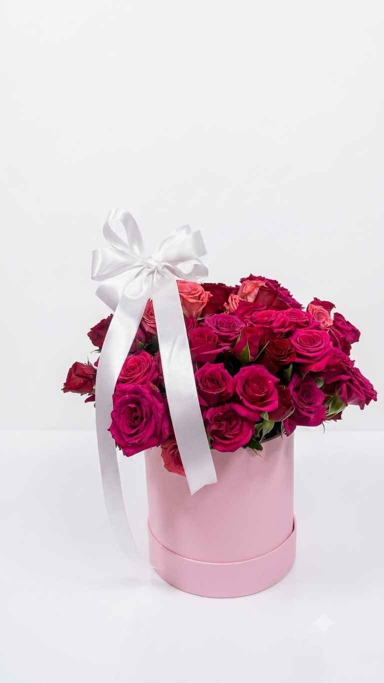 Caja Premium de Rosas en Tonos Rosados y Fucsia