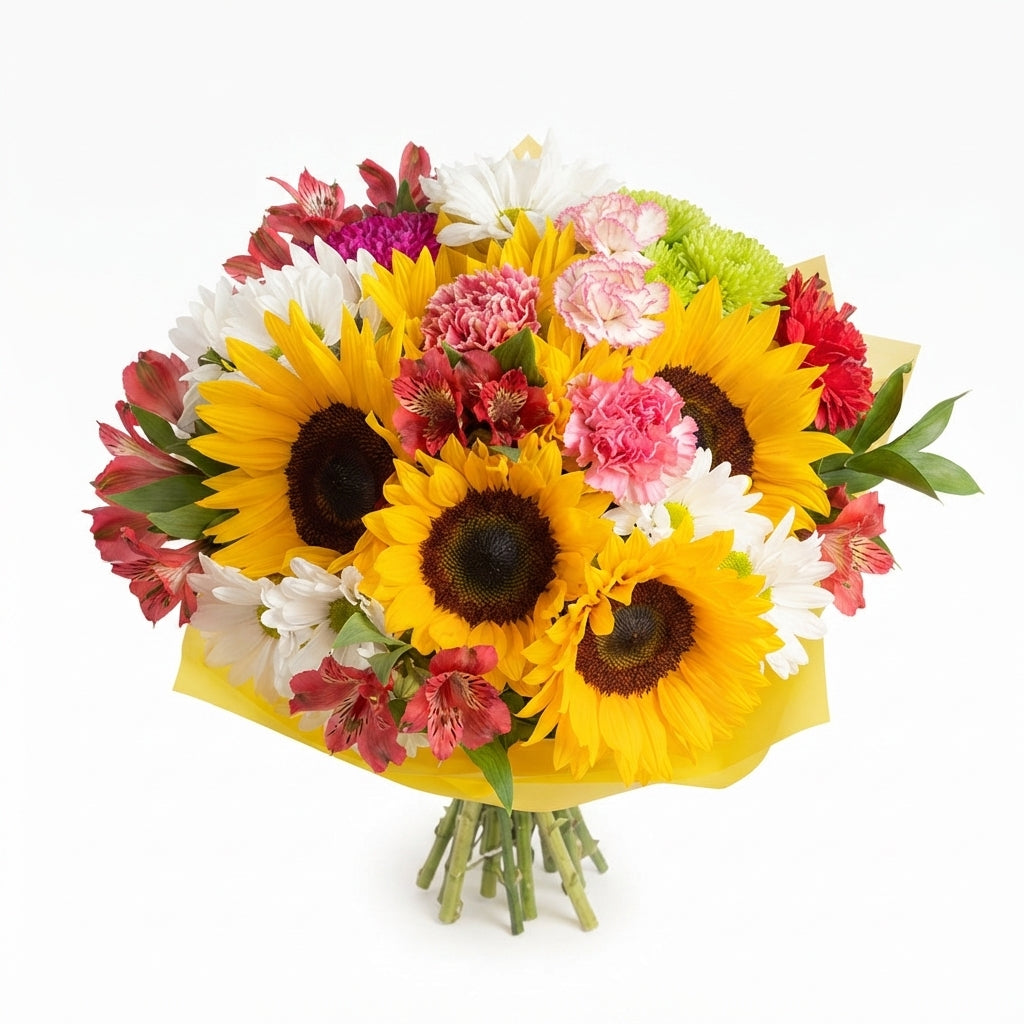 Ramo Explosion Tropical de Girasoles Claveles Astromelias Margaritas con Follaje