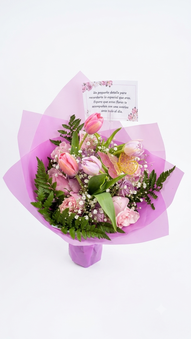 Ramo de Tulipanes y Rosas Primavera Pastel con Mariposas