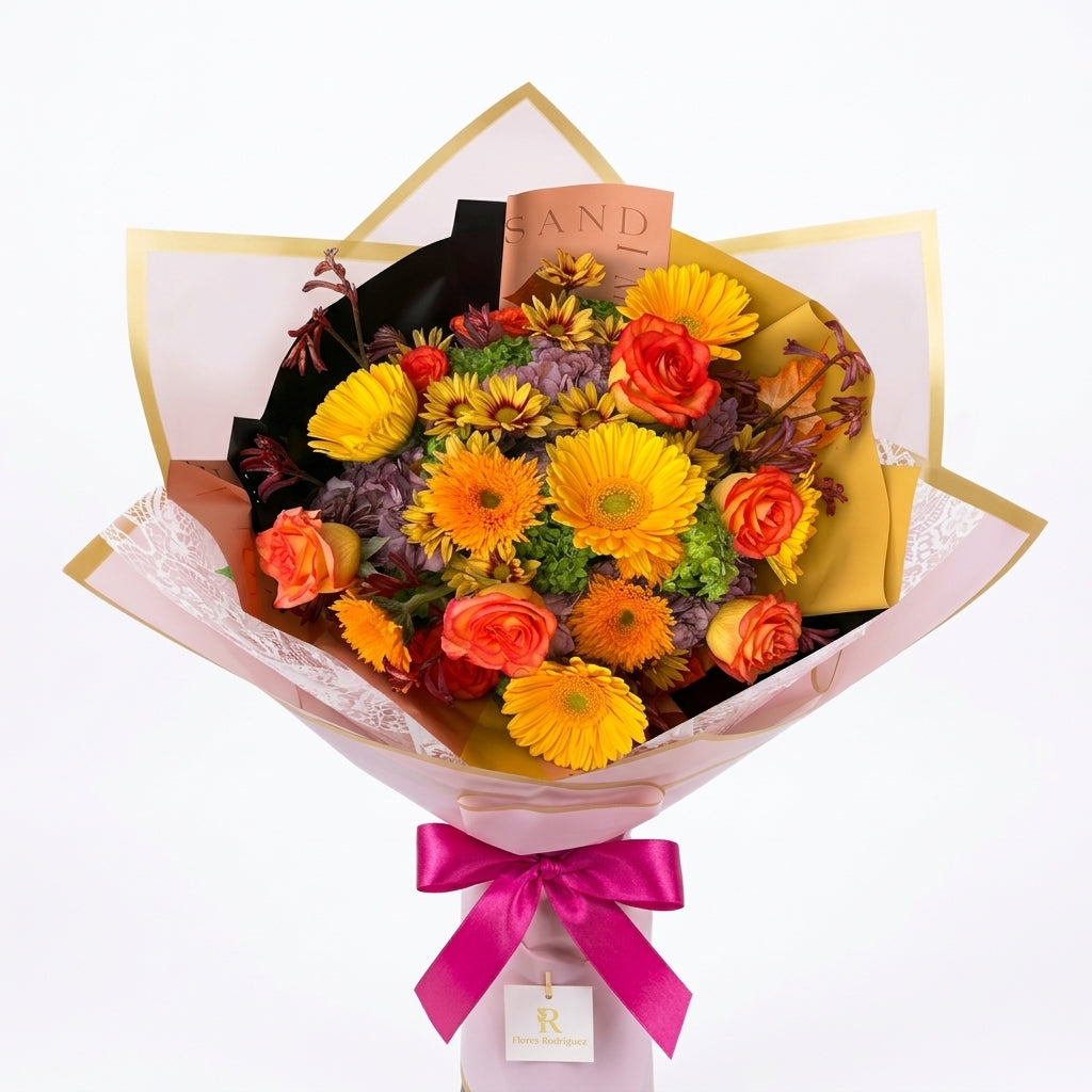 Ramo Especial de Otoño con Gerberas Rosas y Margaritas Tono Atardecer