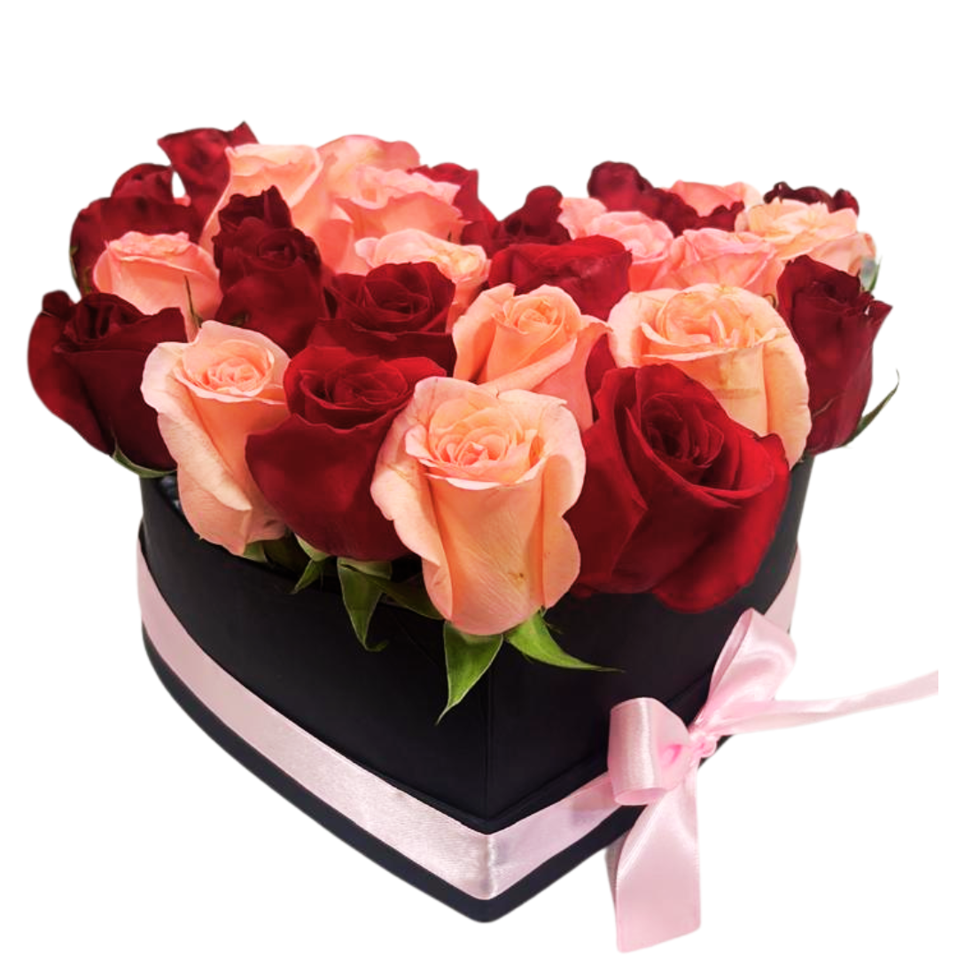 Regalo Cumpleaños Mujer Caja de Corazón 24 rosas rosadas y rojas