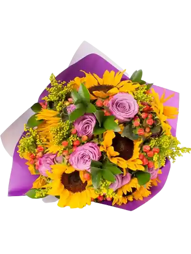 Girasoles Y Rosas Moradas, Emperico Feliz Cumpleaños a Domicilio