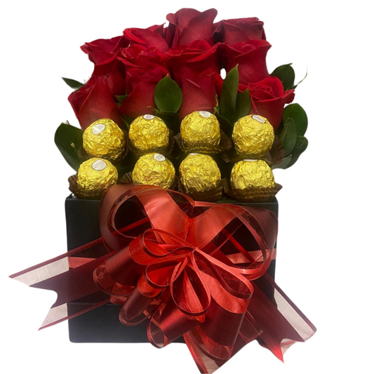 Caja de Rosas y Chocolates con Moño para Regalo Aniversario