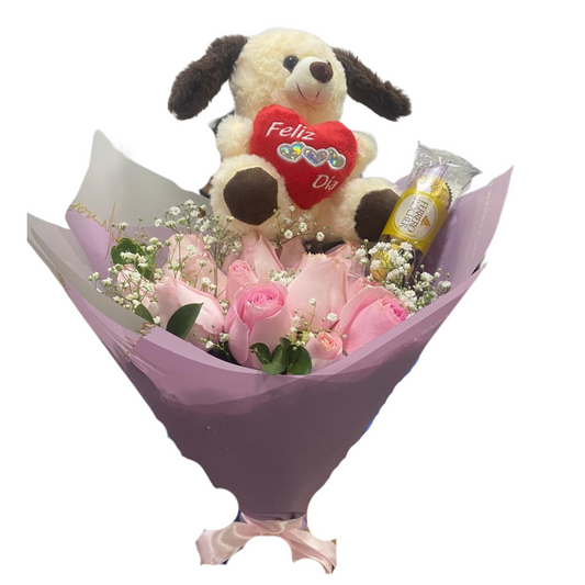 Ramo San valentin Combo Rosas Rosadas Ferrero Rocher x3 y Peluche