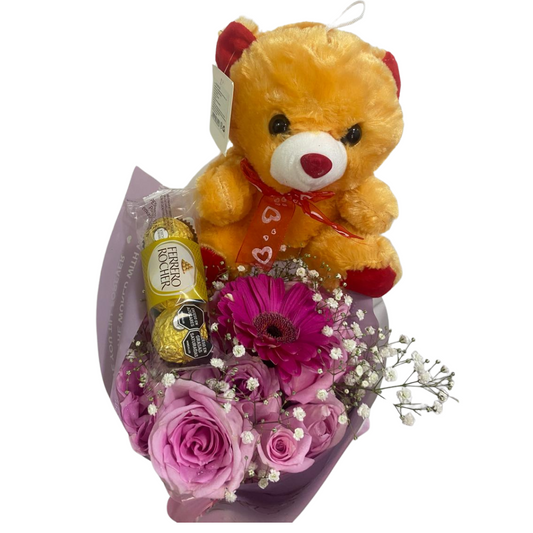 San Valentin Combo Regalo Bouquet Rosado con Peluche y Chocolates