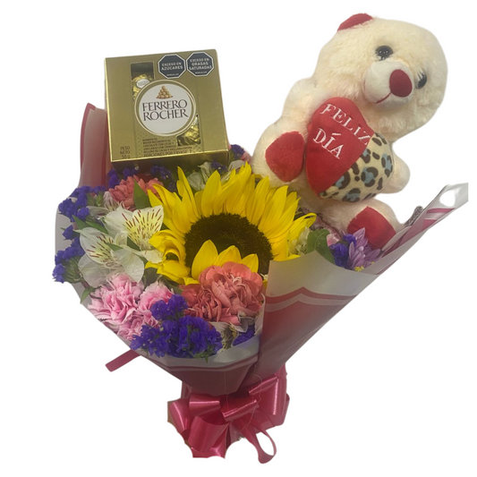 Combo para Enamorar Ramo de Fusión de Flores con Ferrero rocher x4 y Peluche