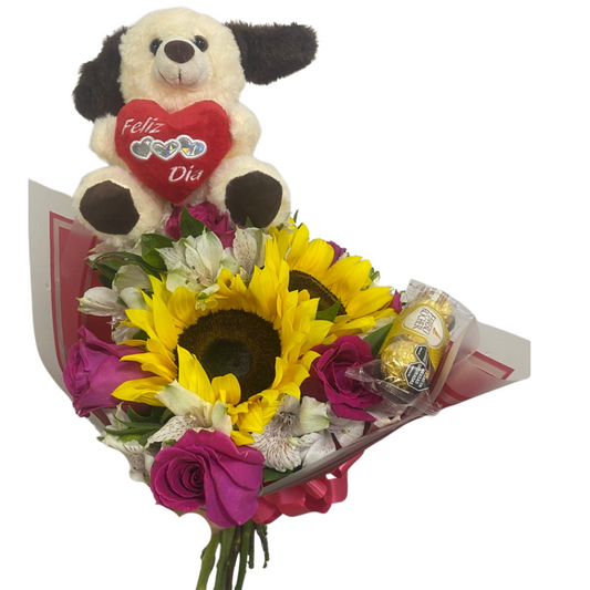 Ramo San valentin Combo Girasoles Fucsia con Astromelias Ferrero Rocher x3 y Peluche