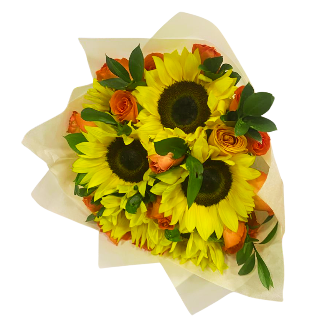 Ramo de Girasoles y Rosas Salmón – Luz, Dulzura y Elegancia en un Solo Arreglo