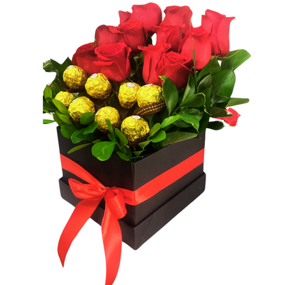 Caja Premium con Rosas y Chocolates Para Enamorar
