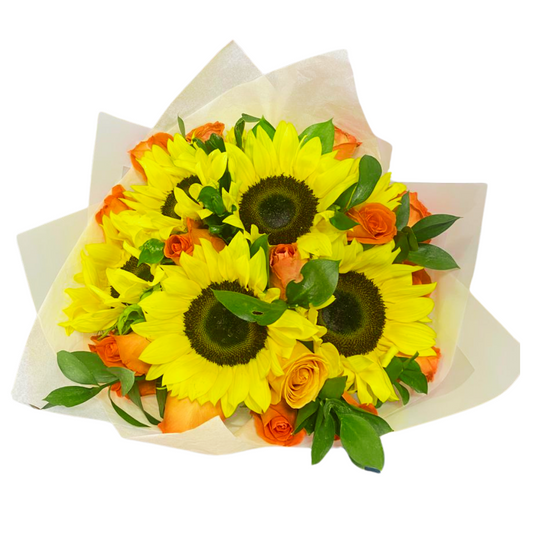 Ramo de Girasoles y Rosas Salmón – Luz, Dulzura y Elegancia en un Solo Arreglo