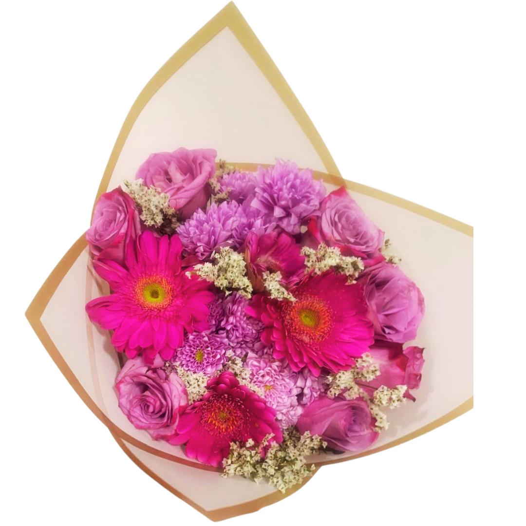 Ramo de Gerberas Moradas con Margaritas Lila y Decoración