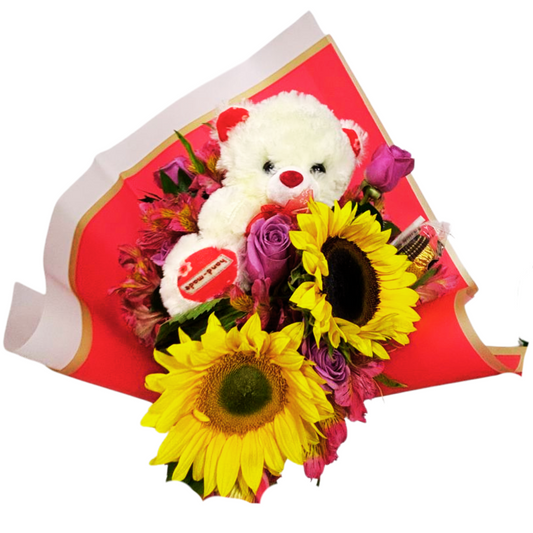 Ramo de Girasoles con Peluche  y Chocolates para Cumpleaños