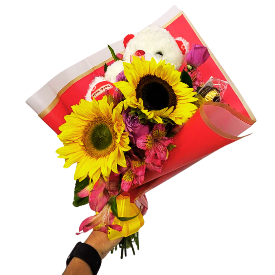 Ramo de Girasoles con Peluche  y Chocolates para Cumpleaños
