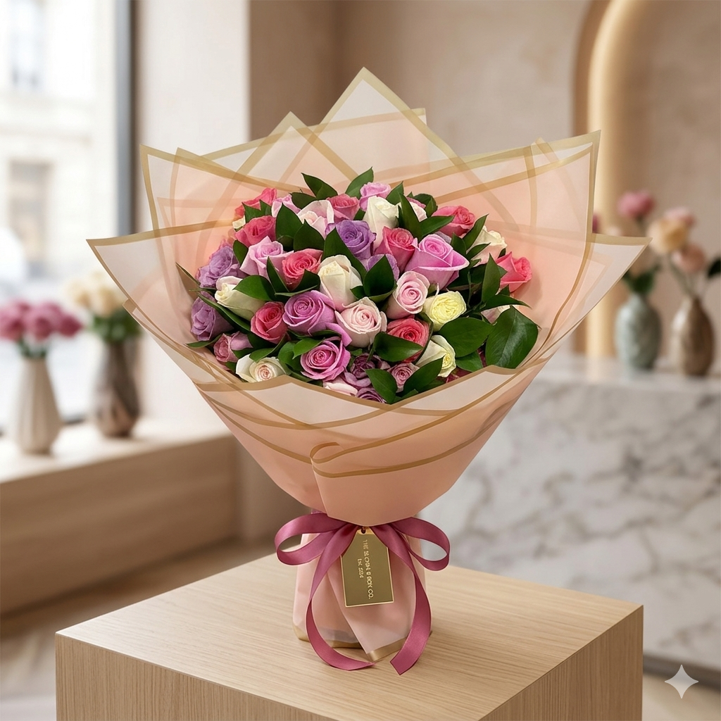 Ramo Encanto Pastel con 50 Rosas y Decoración de Diferentes Tonos
