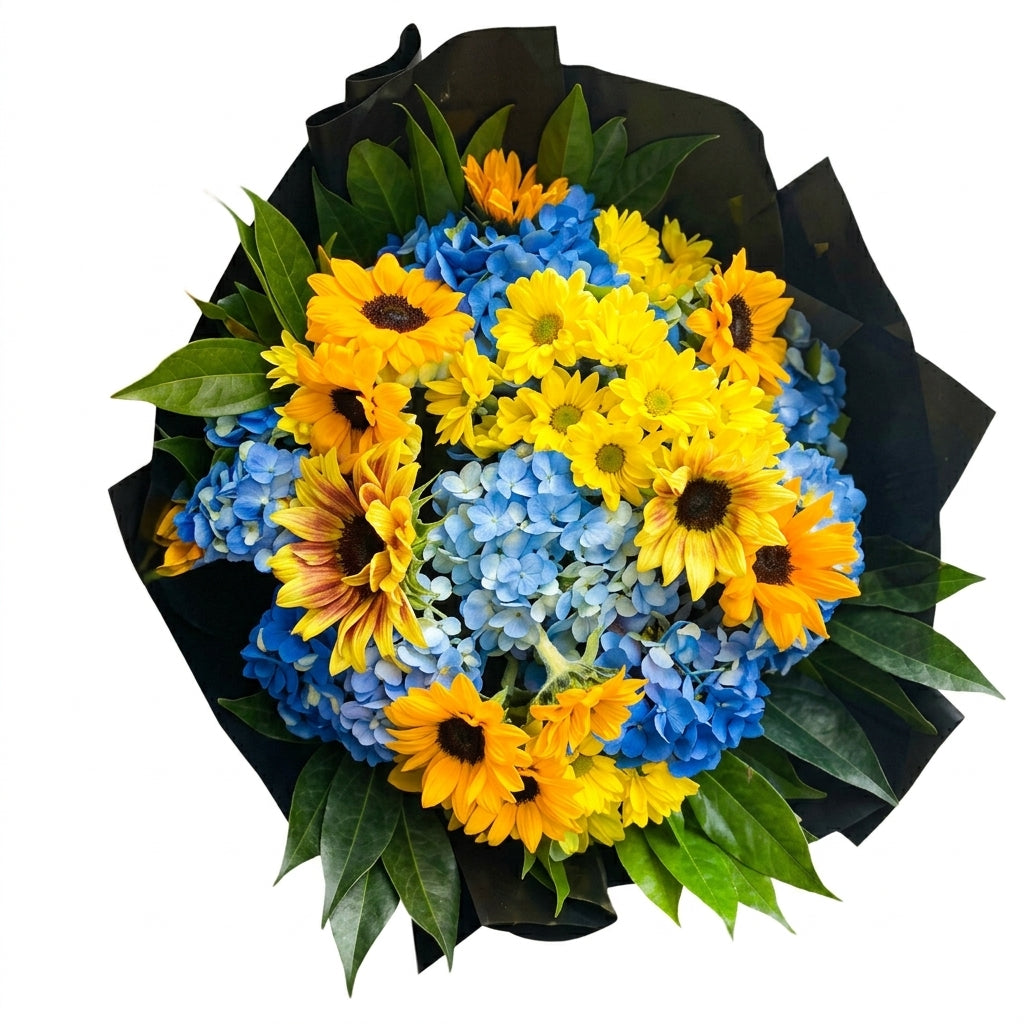 Ramo de Hortensias Azules y Girasoles con Margarita Noche Especial
