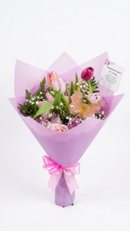 Ramo de Tulipanes y Rosas Primavera Pastel con Mariposas