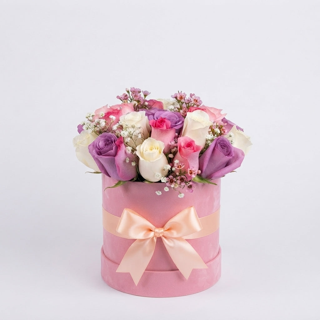 Caja Cilindrica de Rosas Pastel Hermosa para Cumpleaños