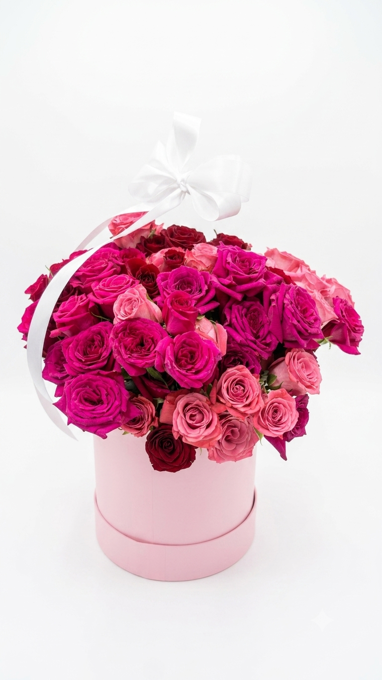 Caja Premium de Rosas en Tonos Rosados y Fucsia