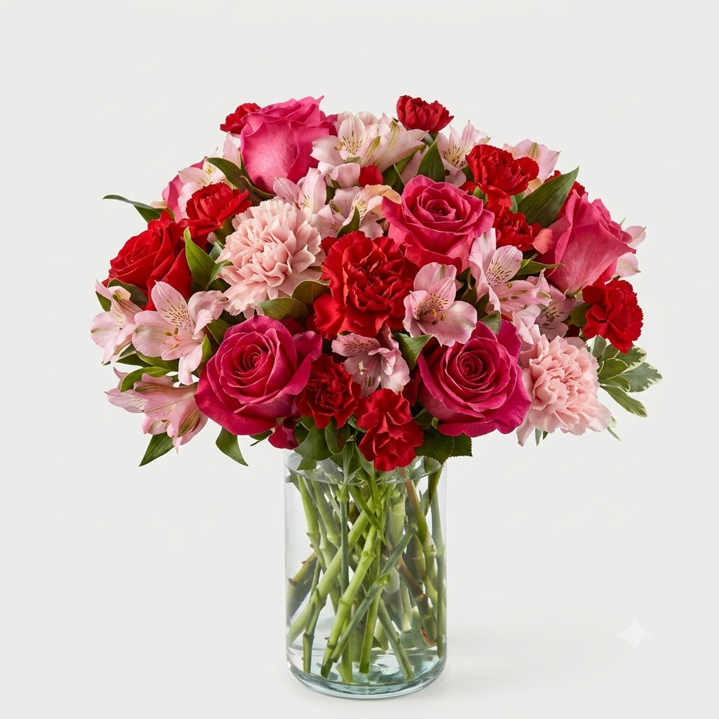 Florero de Rosas Rojas y Claveles Rosados en Bogota