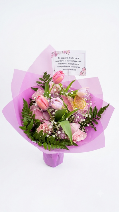 Ramo de Tulipanes y Rosas Primavera Pastel con Mariposas
