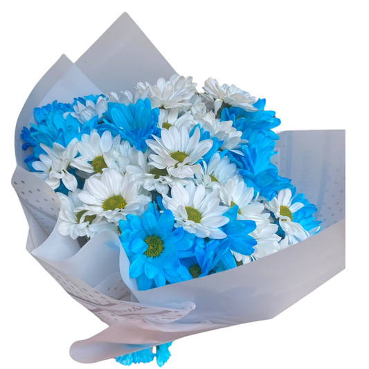 Ramo para Hombre de Margaritas Blancas y Azules – Un Detalle Fresco y Elegante