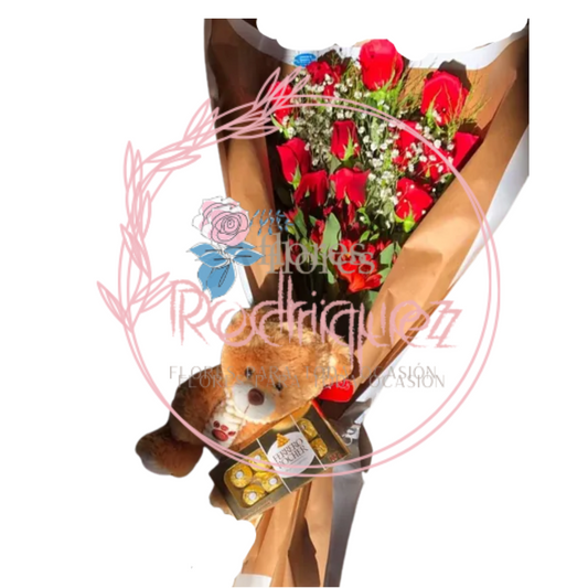 Rosas, Astromelia Peluche y Chocolate para ser Novios