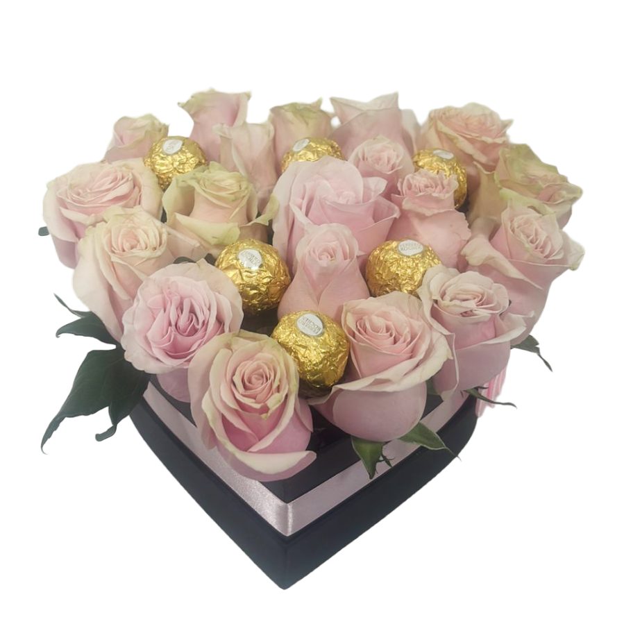 24 Rosas Rosadas con 8 Ferrero Rocher en Corazon para Enamorar