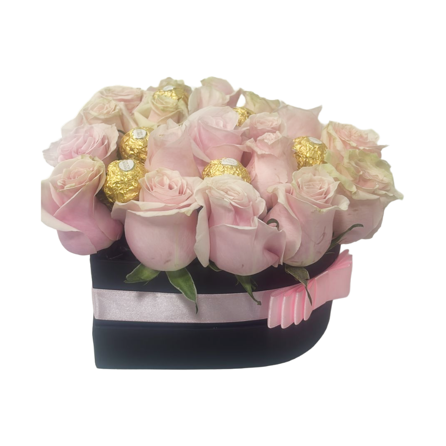 24 Rosas Rosadas con 8 Ferrero Rocher en Corazon para Enamorar