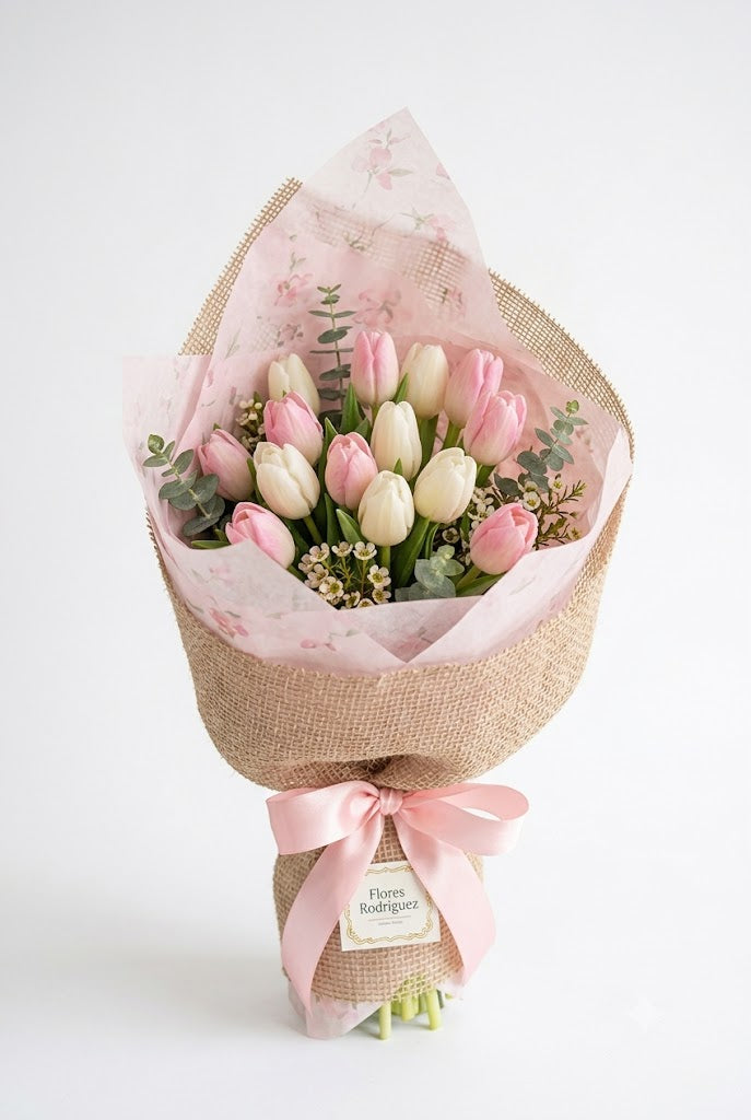 Bouquet de Tulipanes Rosados y Blancos - Luz de Primavera