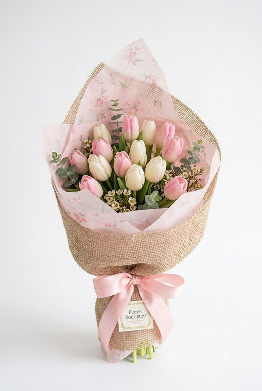 Bouquet de Tulipanes Rosados y Blancos - Luz de Primavera