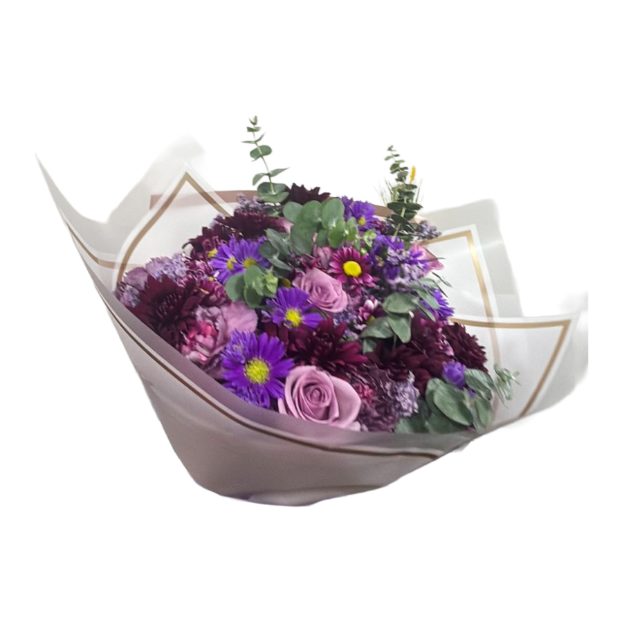 Ramo de Rosas Moradas y Margaritas con Eucalipto